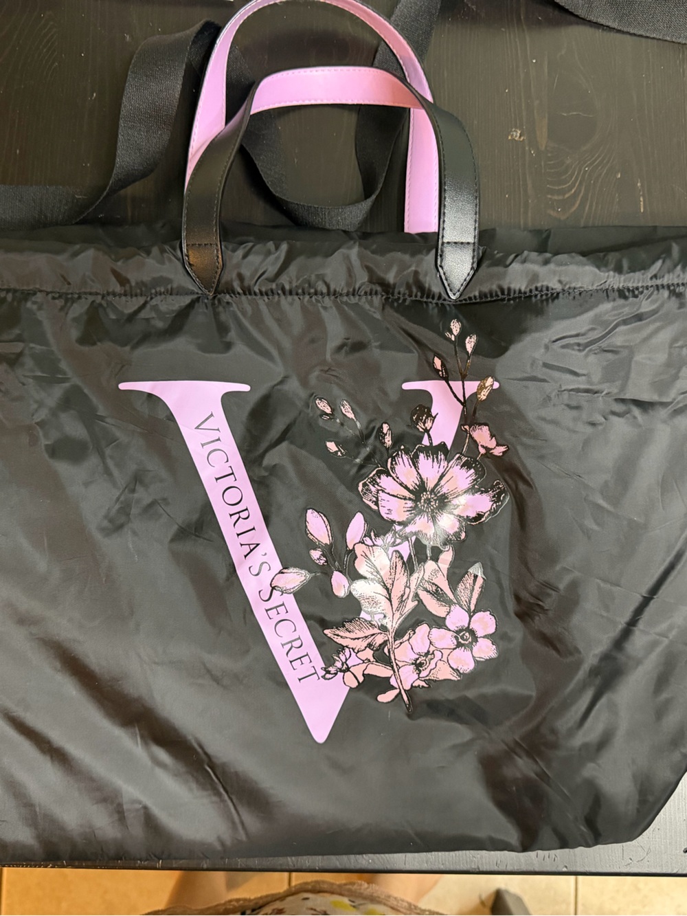Victoria's Secret Black Tote with Pink Floral Logo